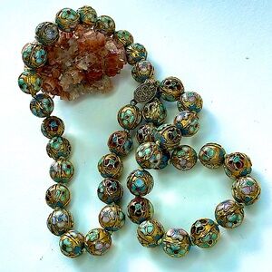 Vintage Chinese Cloisonne Champleve Floral Enamel Gold Foil Bead Necklace